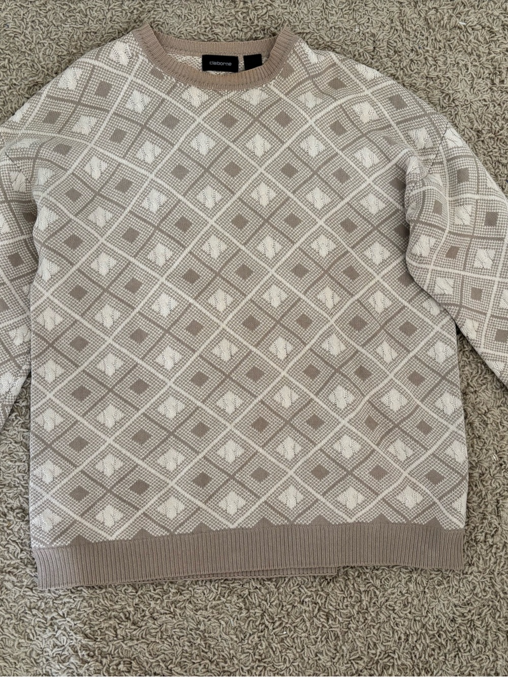 Claiborne Taupe and Cream Diamond Jacquard Crewneck Sweater